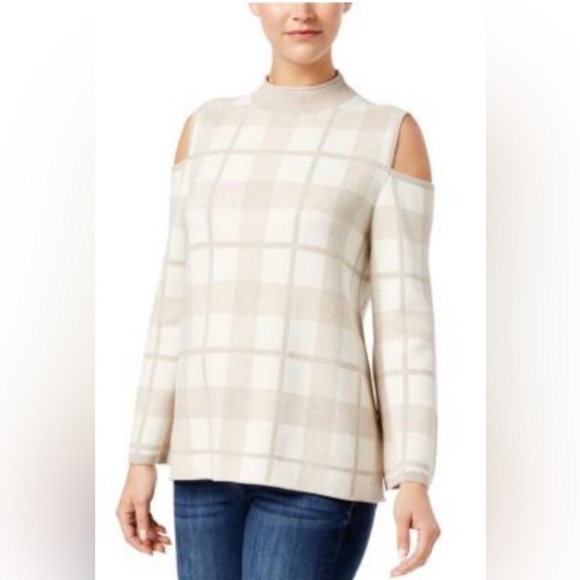 Style & Co Womens Size  XL Plaid Cold Shoulder Pullover Sweater Cream & Tan - Picture 2 of 9